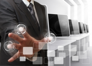 business man hand controls computer room Design